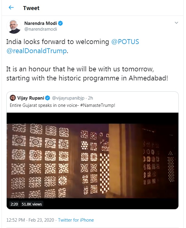 AMERICA PRESIDENT DONALD TRUMP INDIA VISIT FOR TOMORROW PM MODI TWEET