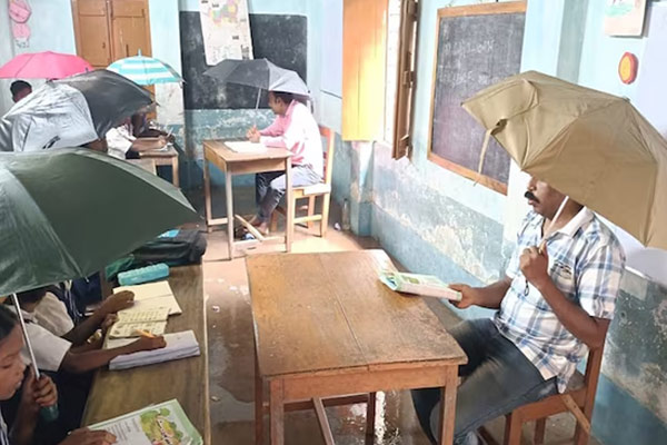 Students holding umbrellas class government school west bengal