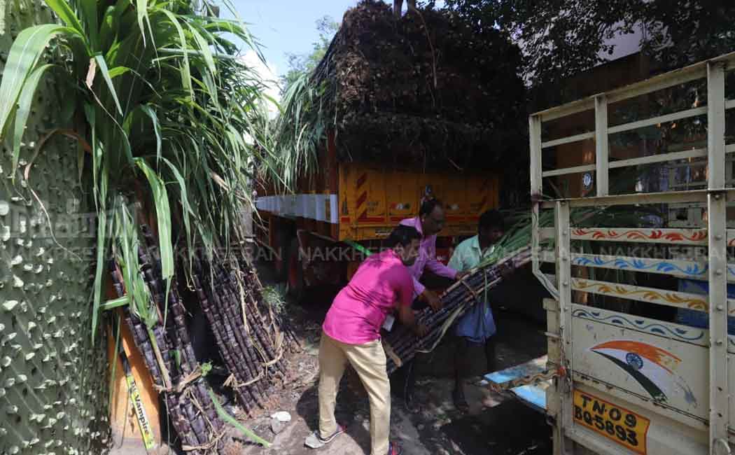 Staff distributing tokens for Pongal gifts