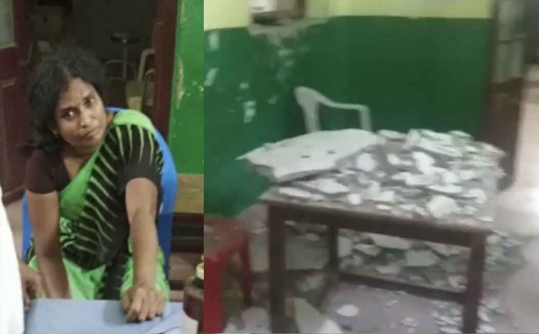 Roof of collapsed primary health center; Seriously injured medical nurse
