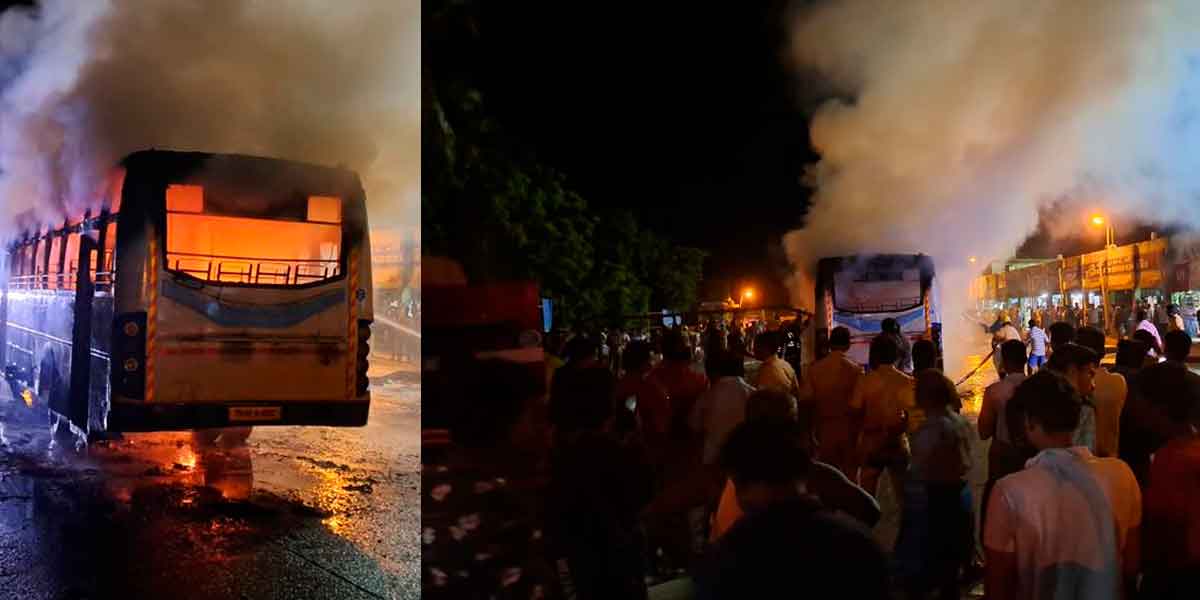 A government bus burst into flames after a tire burst
