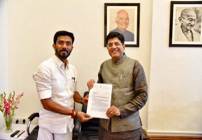 tamilnadu admk mp raveendranath kumar meet union railway minister piyush goyal