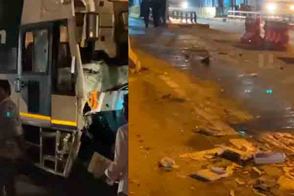 Front tire burst accident of luxury bus; Tollgate destroyed