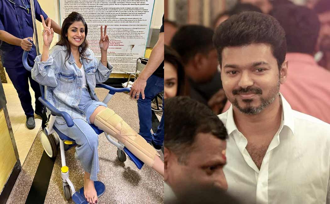 The Vijay film actress shilpa shetty posed smiling in a wheel chair with leg bandages