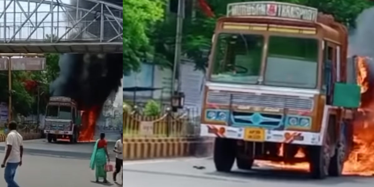 A lorry caught fire in the middle of the road