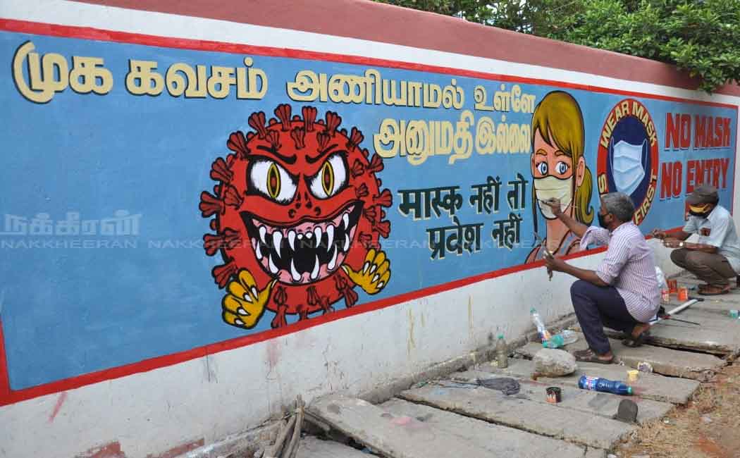 Corona awareness pictures painted on the wall of the train station