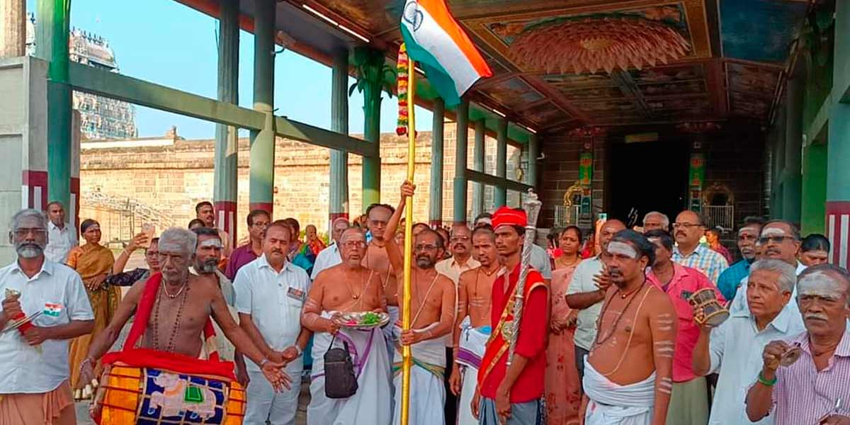 National flag hoisted on the nataraja temple tower
