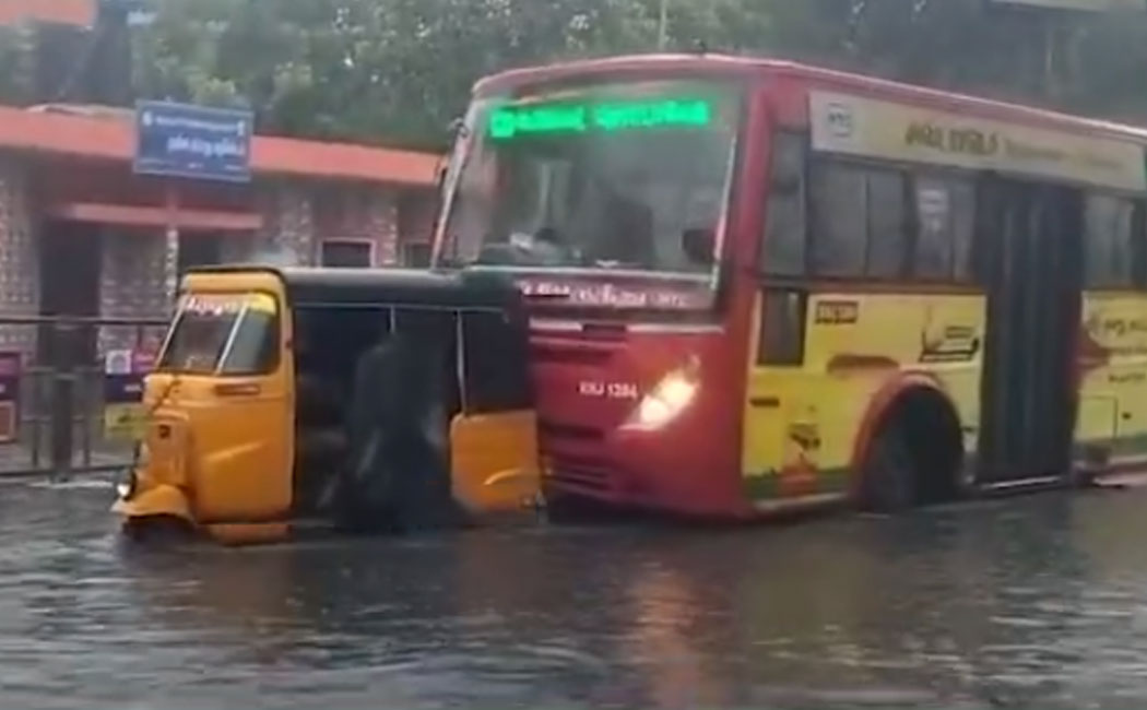 government bus extended a helping hand to an auto stuck in a rain