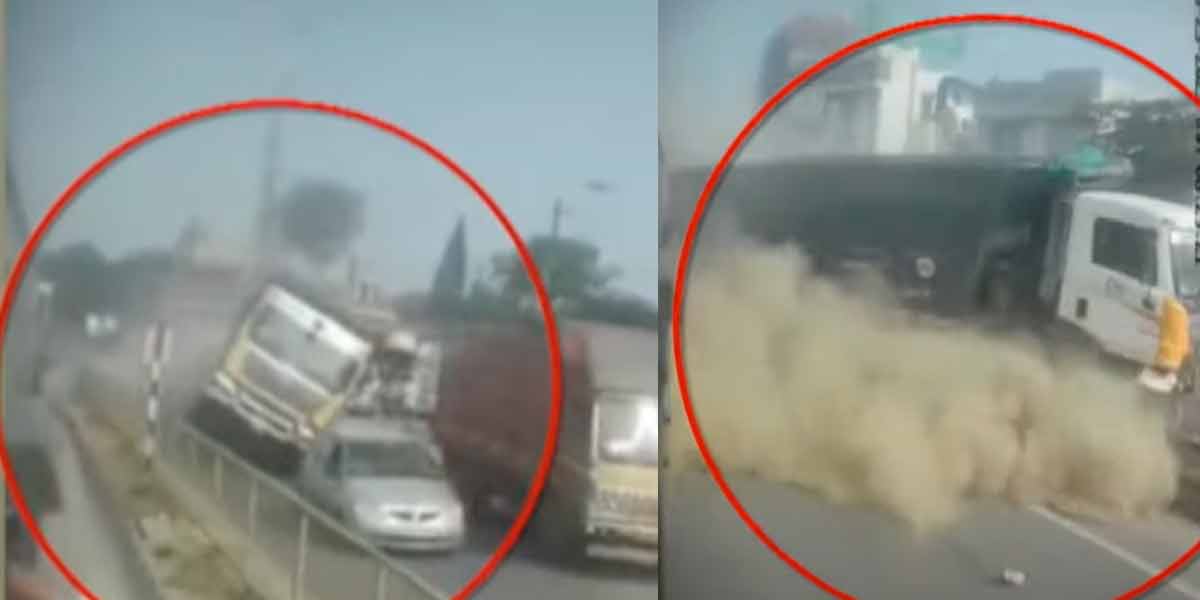 Tipper lorry crashed into a road block; footage of the scene unfolding