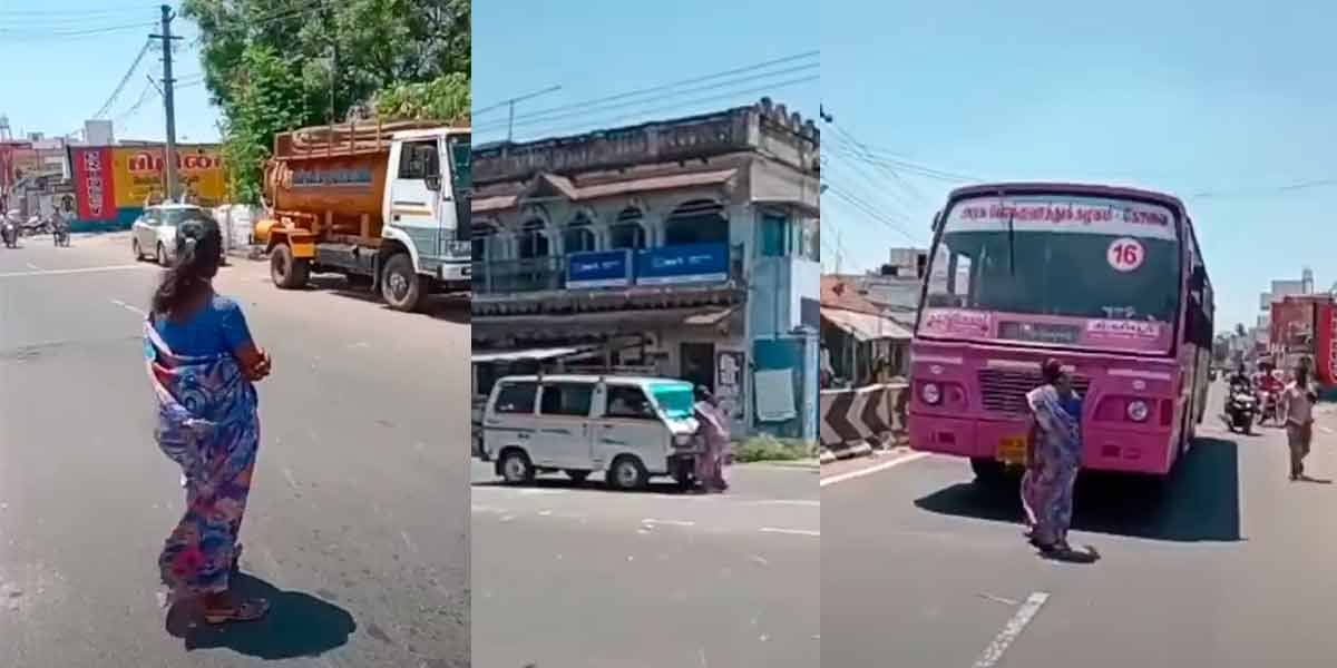 A government bus stopped by a young woman