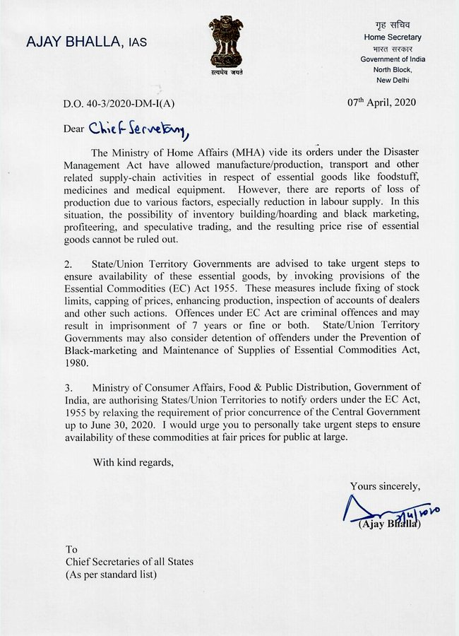 union home secretary writes letters for state government