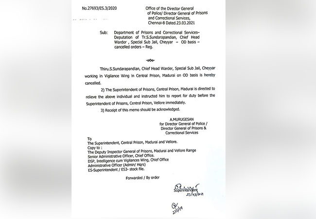 madurai central prison warden transfer