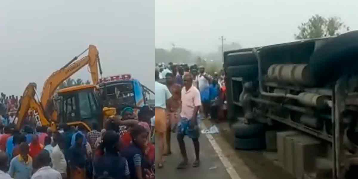 Private bus overturns in an accident; many are rescued with serious injuries