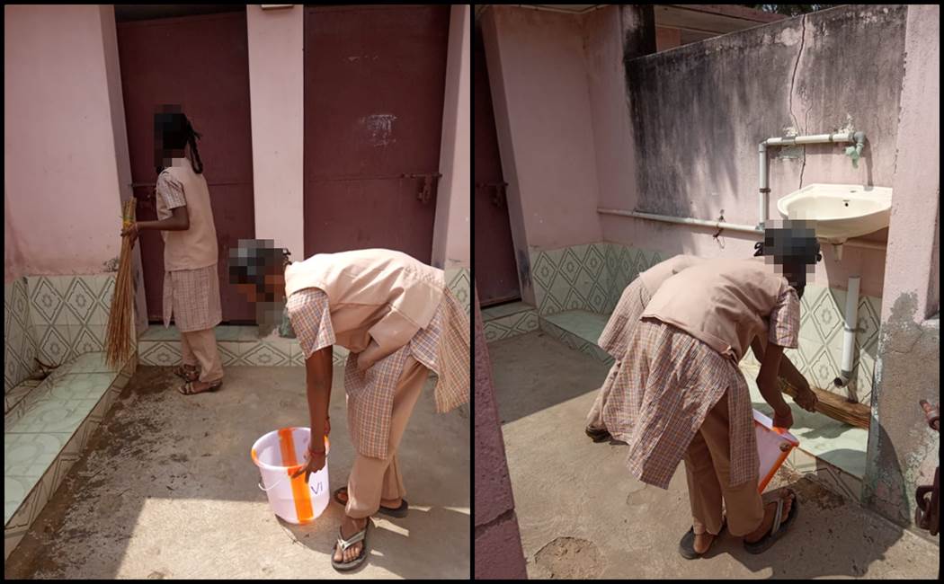 students cleans school toilet