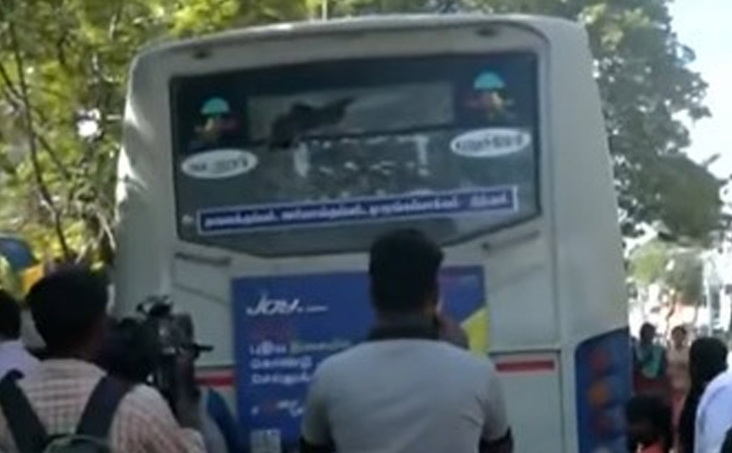 Puducherry ADMK strike Tamil Nadu government bus glass broken