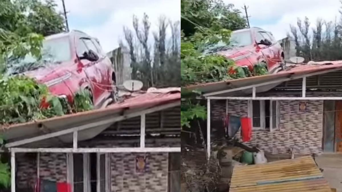 The car fell on the roof of the house