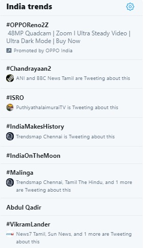 chandrayaan 2 mission vikram lander moon twitter trend in india