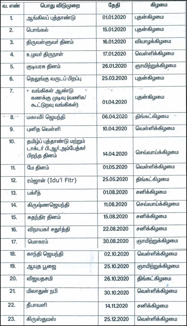 2020 government holidays in tamilnadu