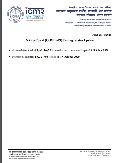 INDIA CORONAVIRUS SAMPLES TESTED ICMR