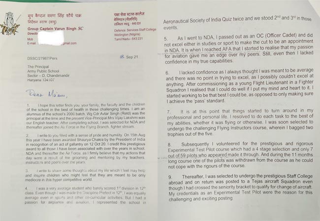 'Letter written by Group Captain Varun Singh who encouraged the students in the school he attended by letter!'