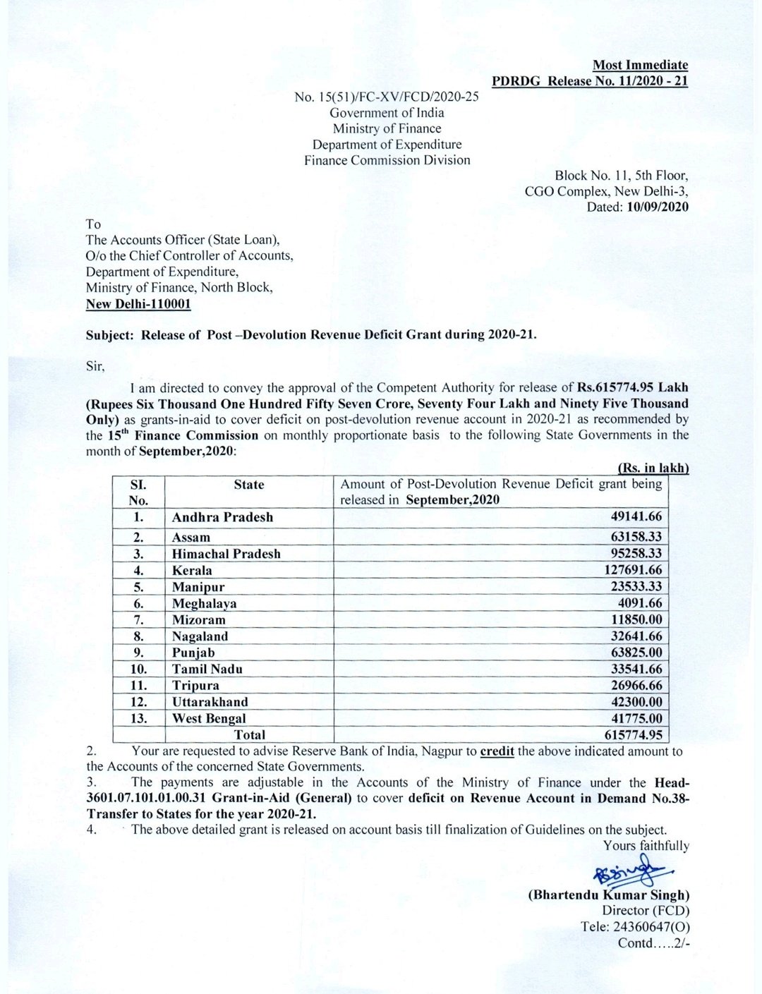 15th pay commission union government released funds 14 states government