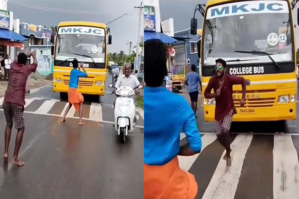 youth dance in road, blocking the Girls College bus