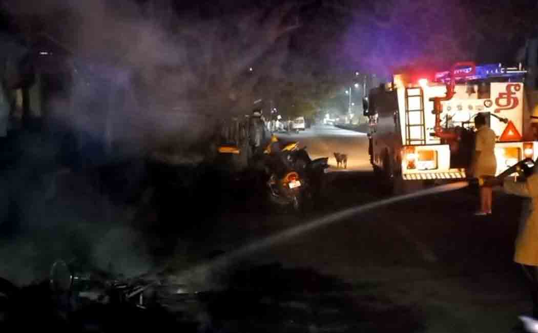 A two-wheeler caught fire in the middle of the night