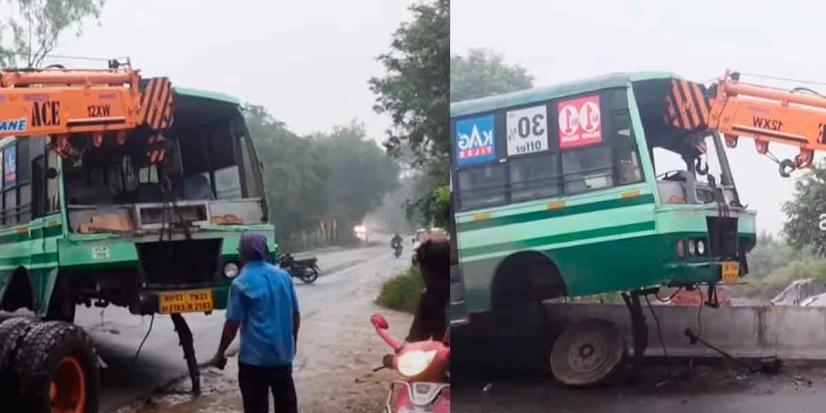 Bus accident after hitting a roadblock; Luckily the passengers survived