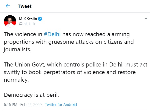 delhi caa incident dmk president mk stalin tweet