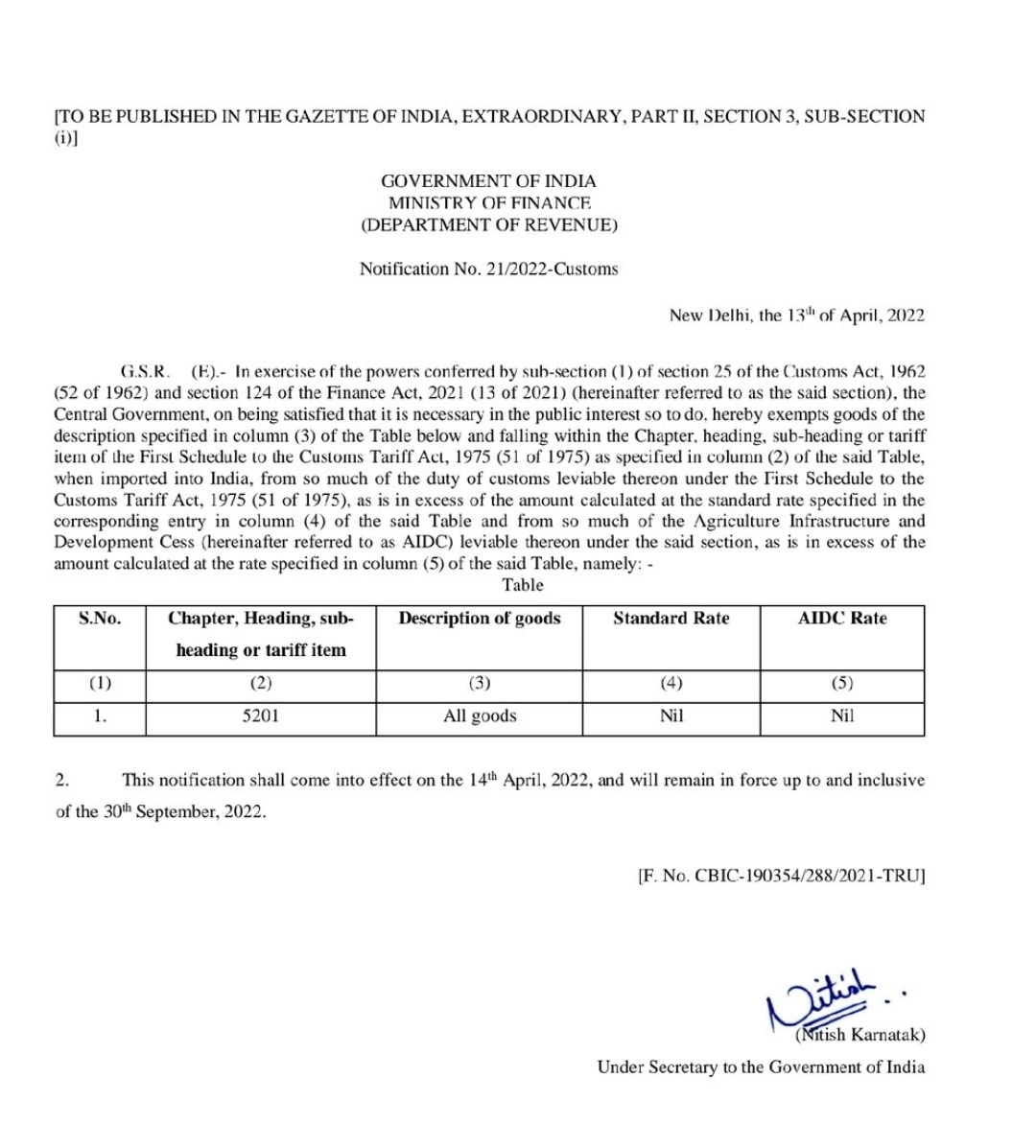 Complete abolition of customs duty on cotton imports!