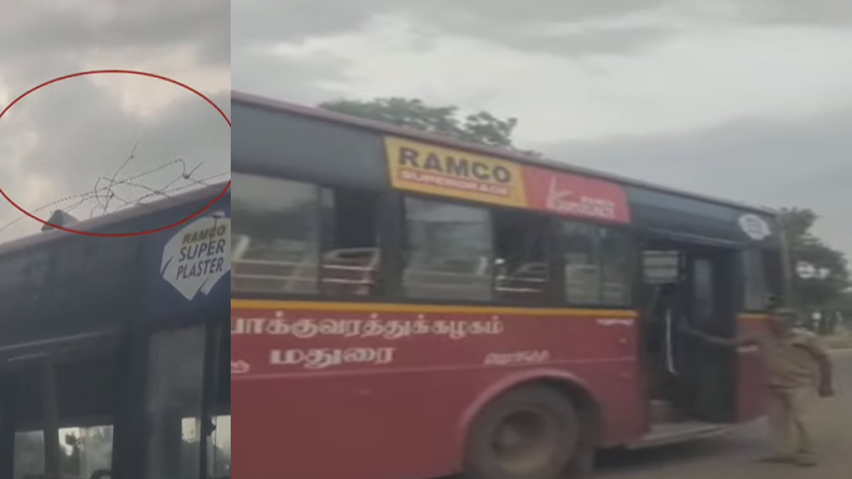 Government bus caught in electric wire. Early morning shock