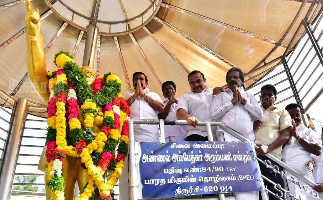 dmk minister KN Nehru paid homage to the ambedkar statue