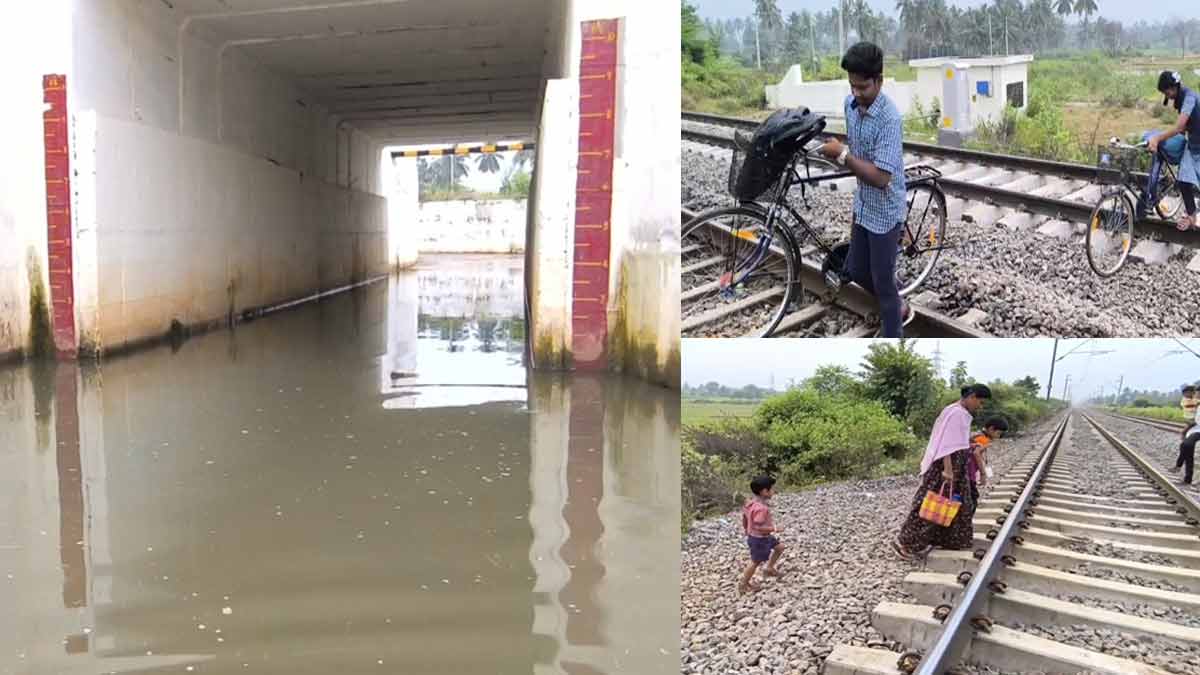 Rain water stagnant in the tunnel; School children crossing the tracks without realizing the danger
