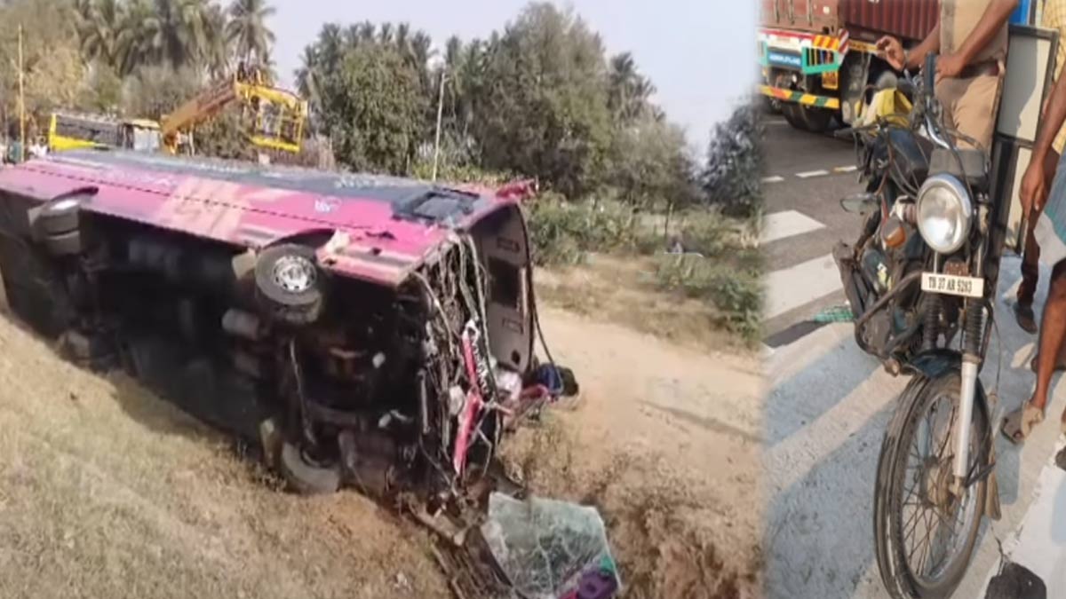 TVS Excel-Omni bus overturns after coming across it, causing accident