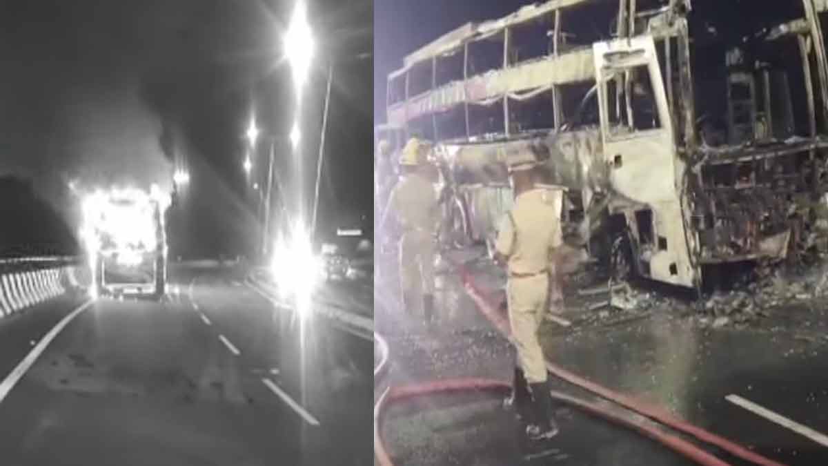 Omni bus caught fire on road