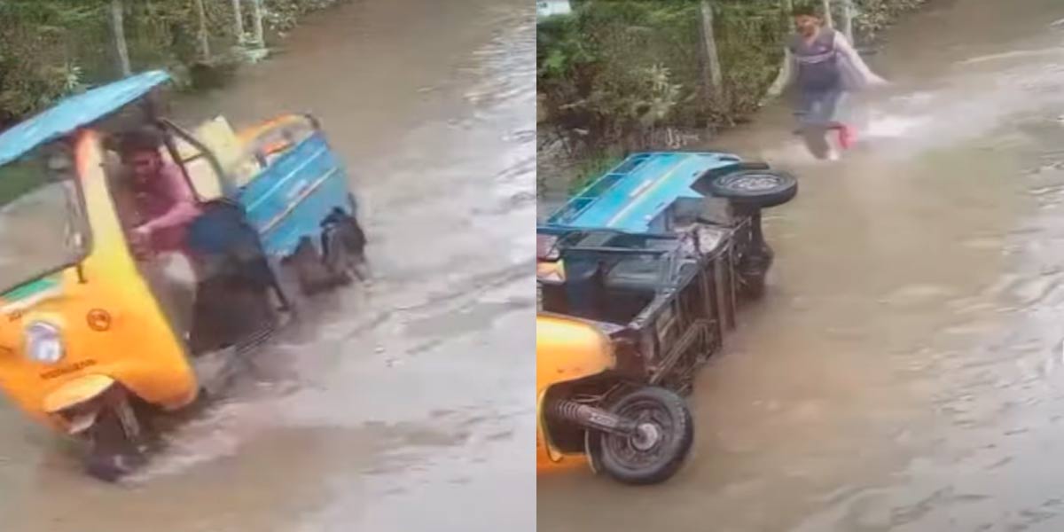 Auto overturned without knowing the rainwater ditch; Warning to motorists