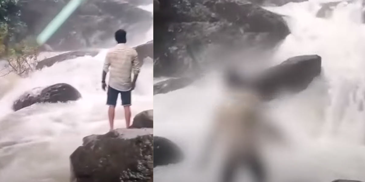 A young man posed for reels standing in peril; The scene of Bhakeer tripping and falling into the waterfall