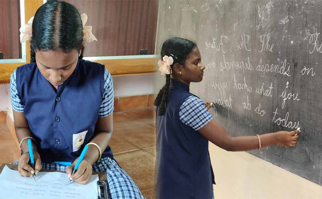 Minister meyyanathan praises govt school girl who can write with both hands same time