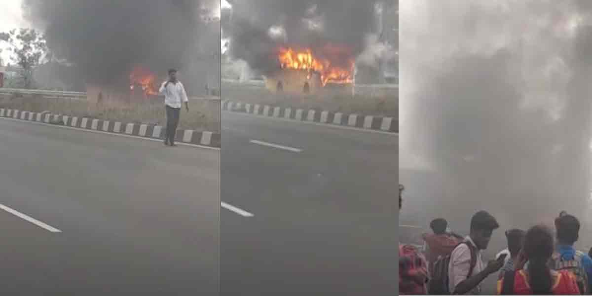 College bus catches fire on Tambaram Nadu road