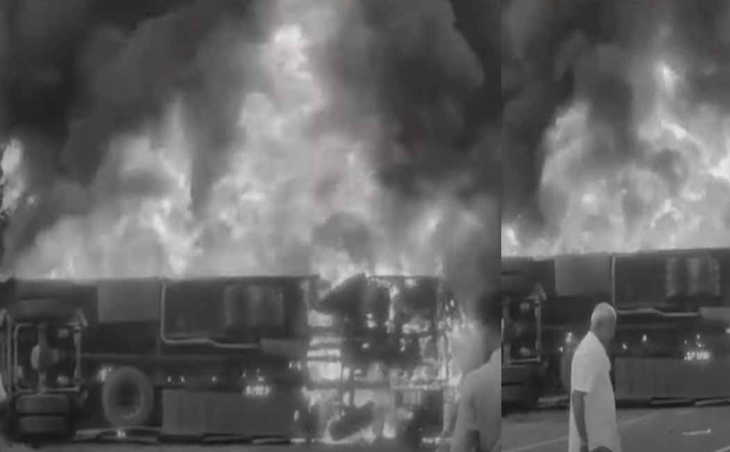 Overturned bus on fire; Bustle near Sangakiri
