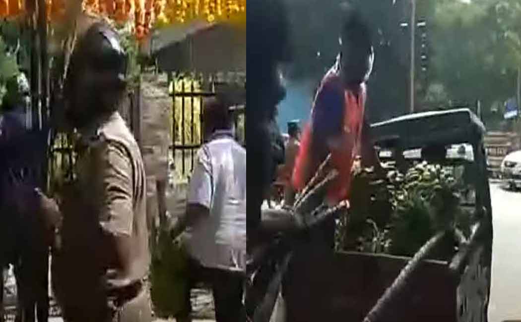 The next moment Amit Shah left, the staff cut the sugarcane and bananas competitively ... !!