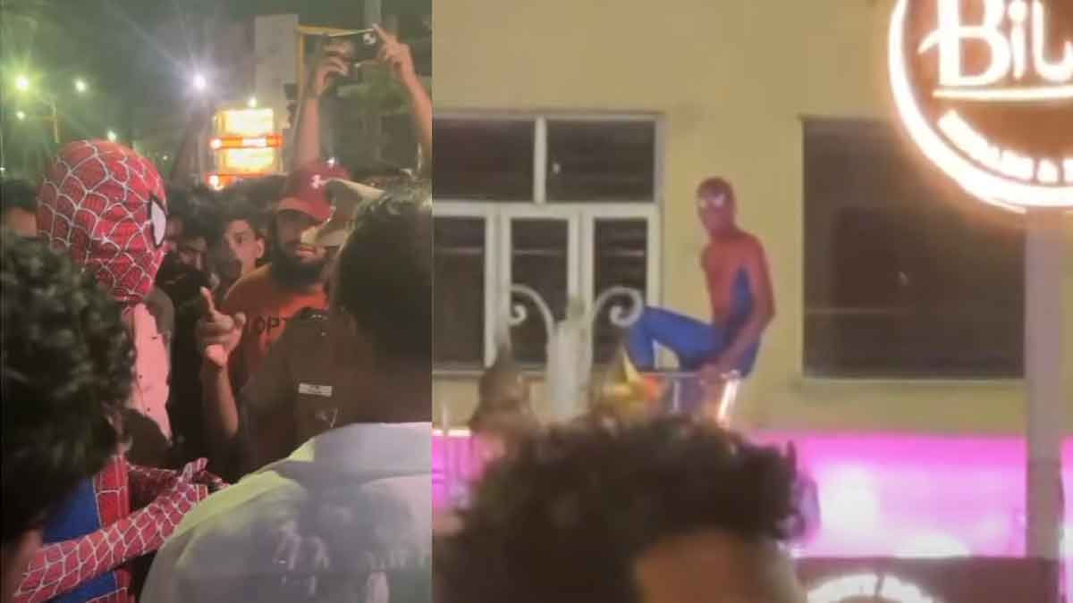 Dressing room in Spider-Man costume; Police alert