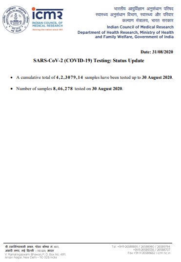 india coronavirus samples tested icmr upto aug 30