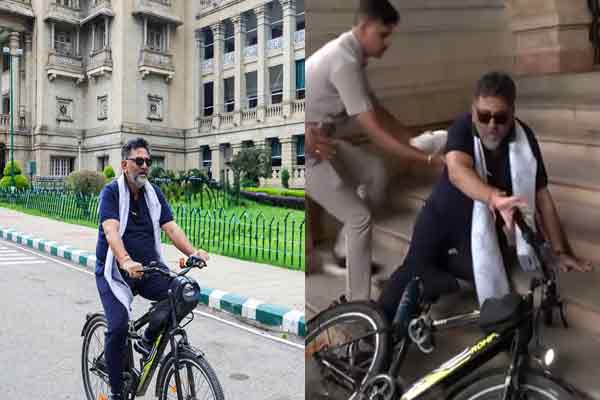 Karnataka Deputy Chief Minister falls off bicycle n Assembly