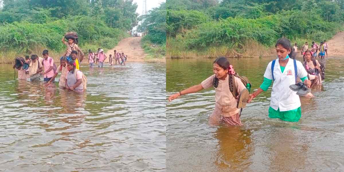 Students crossing the river dangerously