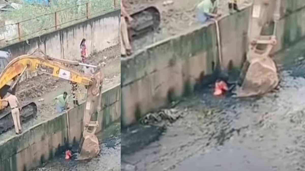 A woman stuck in the mud of Koovam river; an armed guard who extended help