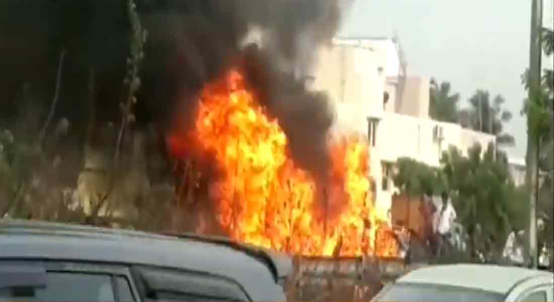 Sudden fire in a car on the road