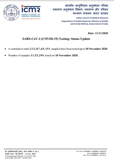 INDIA CORONAVIRUS SAMPLES TESTED ICMR