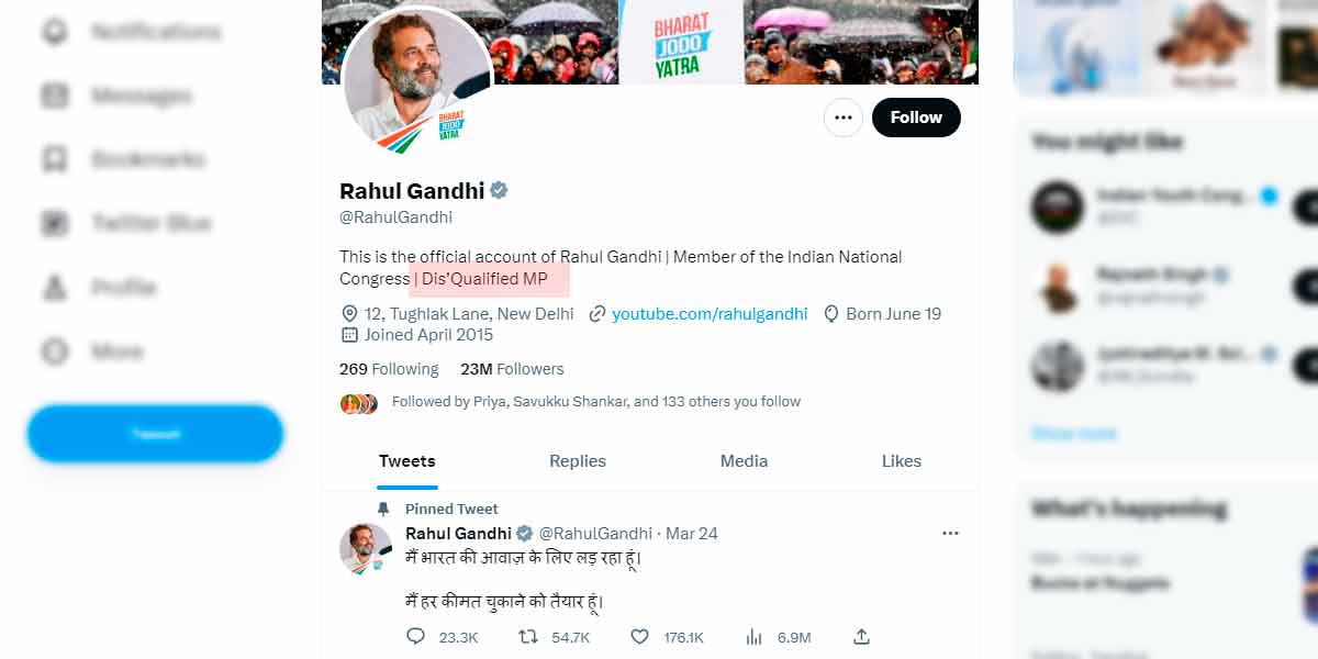 ‘Rahul Gandhi modifies Twitter bio following disqualification from Parliament’